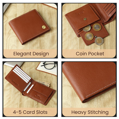 WRIZA Premium Genuine Leather Bi-fold Wallet for Men | Handcrafted Leather Slim Wallet with Coin Pocket, 2 Currency Compartments, and Multiple Credit Card Slots | Elegant Gift Box Included (Rust)