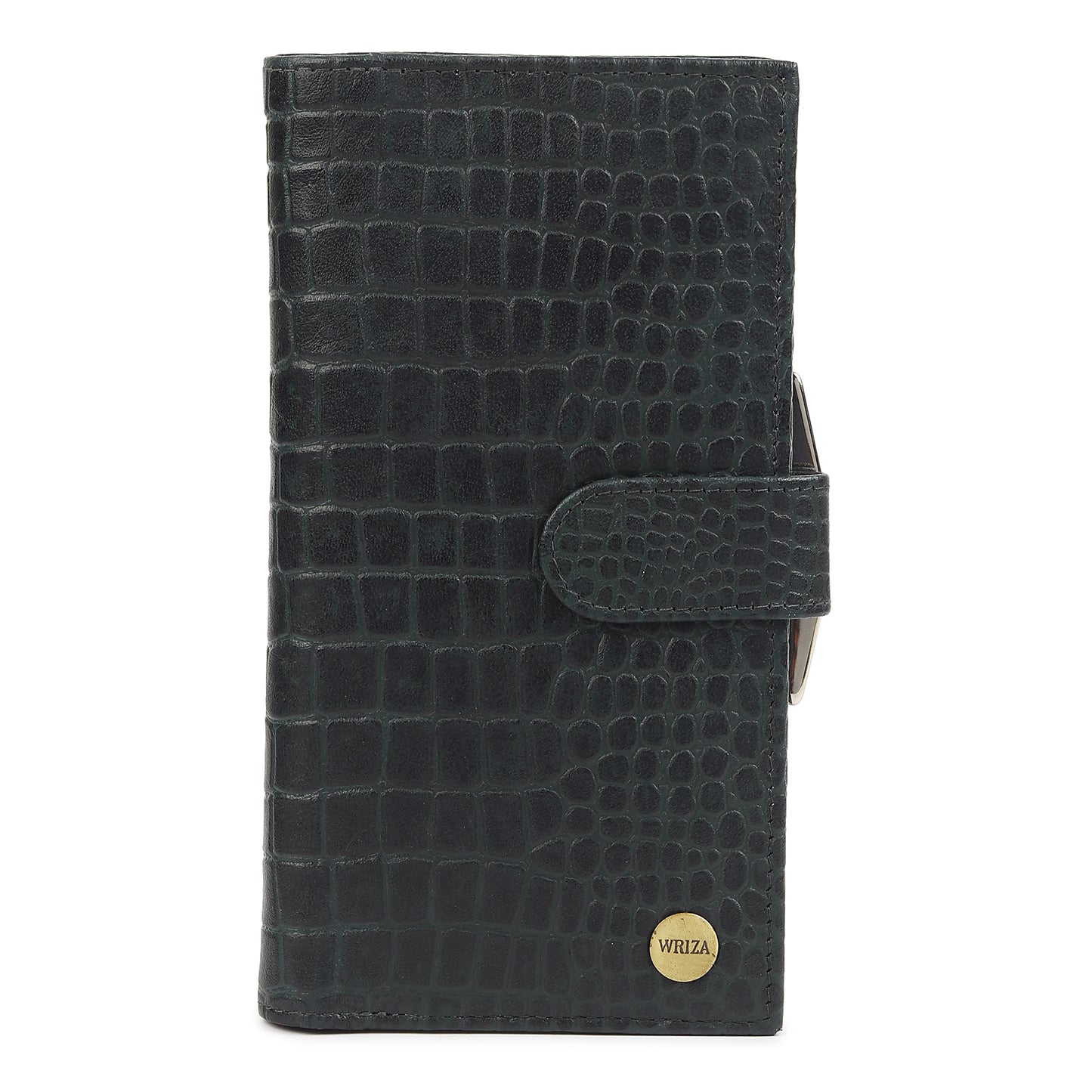 WRIZA Women's Genuine Leather Croco Textured Clutch Wallet | 10 Card Slots, 4 Compartments & Coin Pocket | Emerald Green