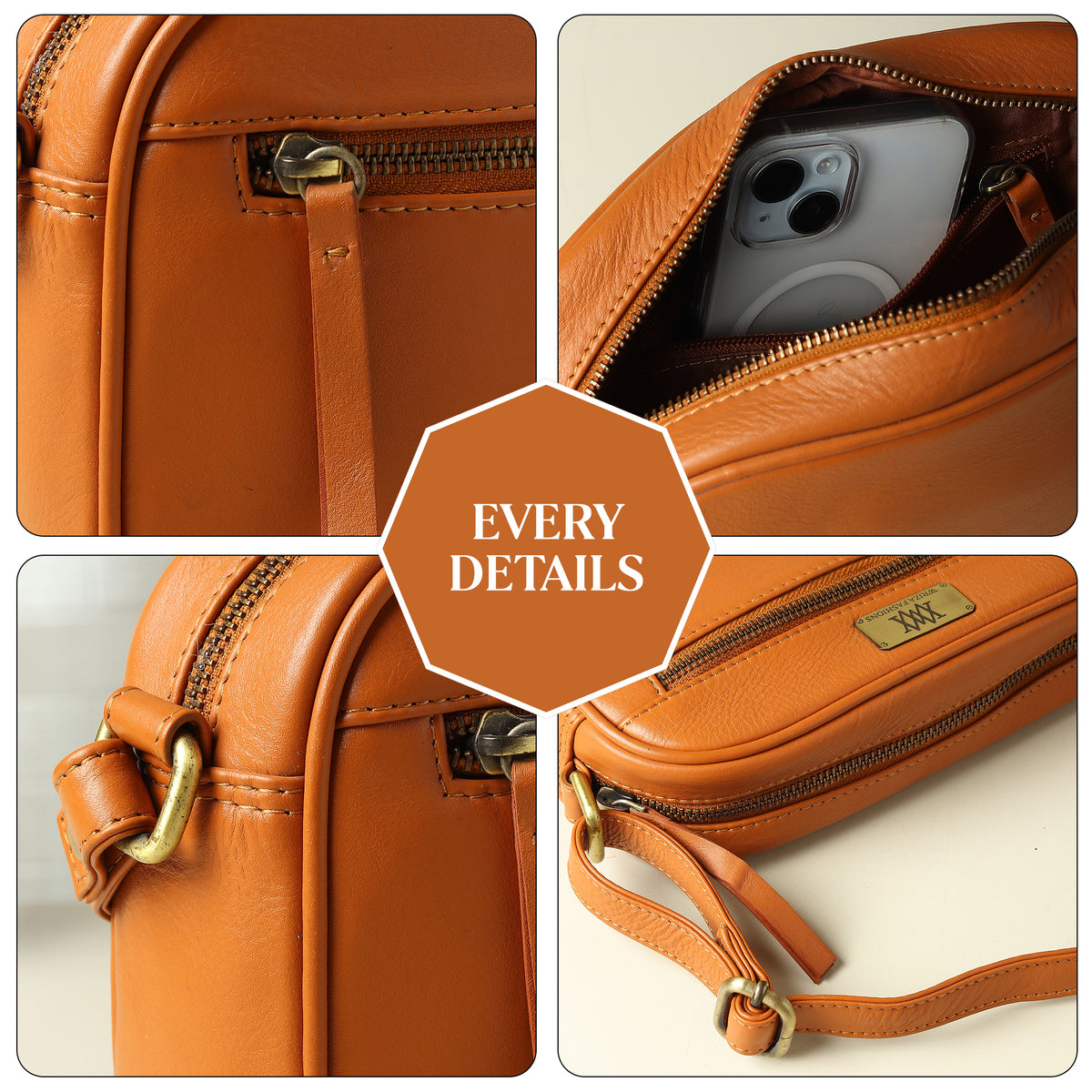 WRIZA Women’s Mustard Genuine Leather Sling Bag | Adjustable Strap Crossbody Purse