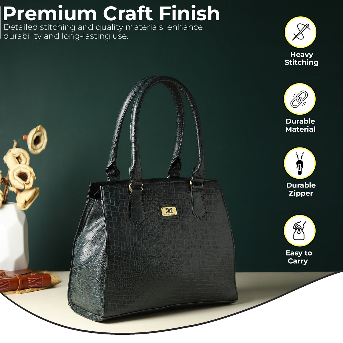 WRIZA Women's Genuine Leather Handbag | Emerald Green Crocodile Textured Tote for Office & Casual Use | Multi-Compartment Satchel Bag with Top Handle
