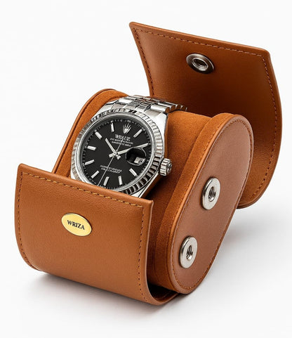 WRIZA Handcrafted Genuine Leather Single Watch Case Roll - Travel Organizer with Soft Suede Lining & Secure Snap Closure - Premium Tan Watch Box for Men & Women