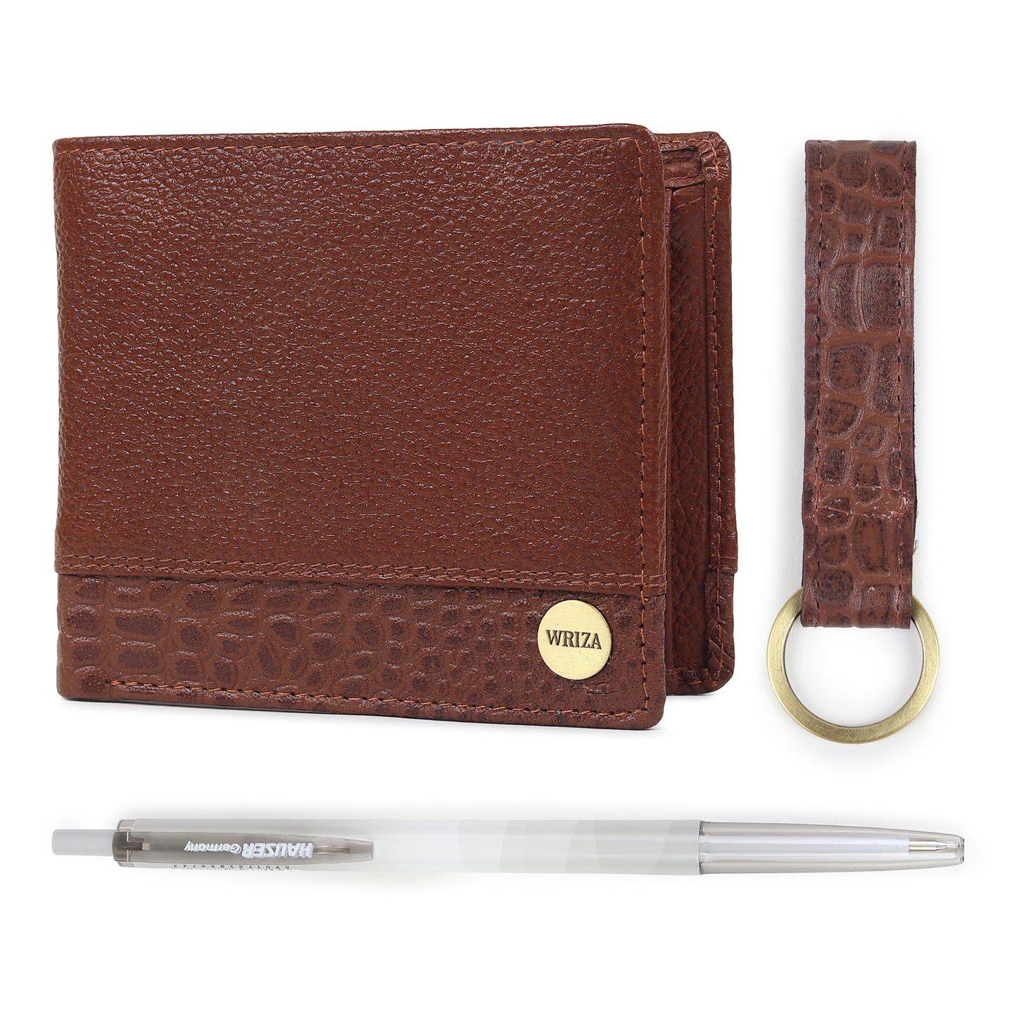 WRIZA Men's Genuine Leather Wallet, Pen & Keychain Gift Set | Premium Croc Texture Combo Box for Birthday, Anniversary & Corporate Gifting