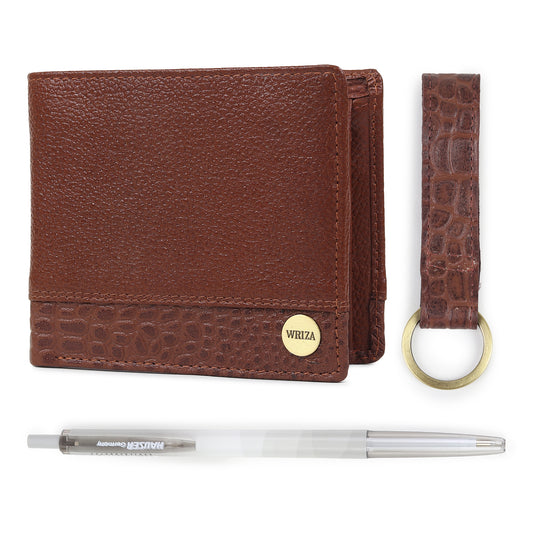 WRIZA Men's Genuine Leather Wallet, Pen & Keychain Gift Set | Premium Croc Texture Combo Box for Birthday, Anniversary & Corporate Gifting