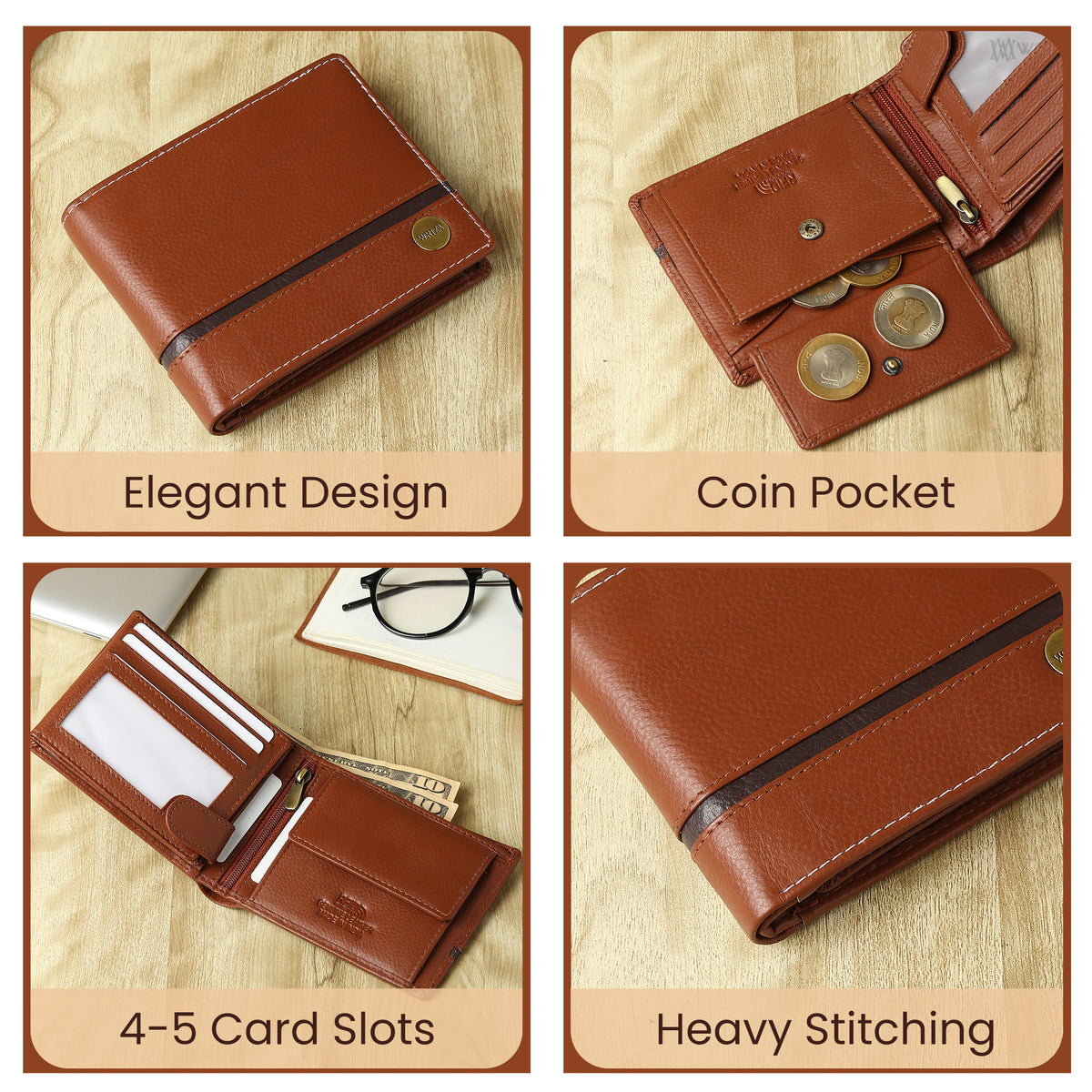 WRIZA Men’s Genuine Leather Bifold Wallet | Premium Textured Finish with Coin Pocket, 2 Currency Compartments & Multiple ID Card Slots | Stylish & Slim Casual Business Wallet for Men (Tan)