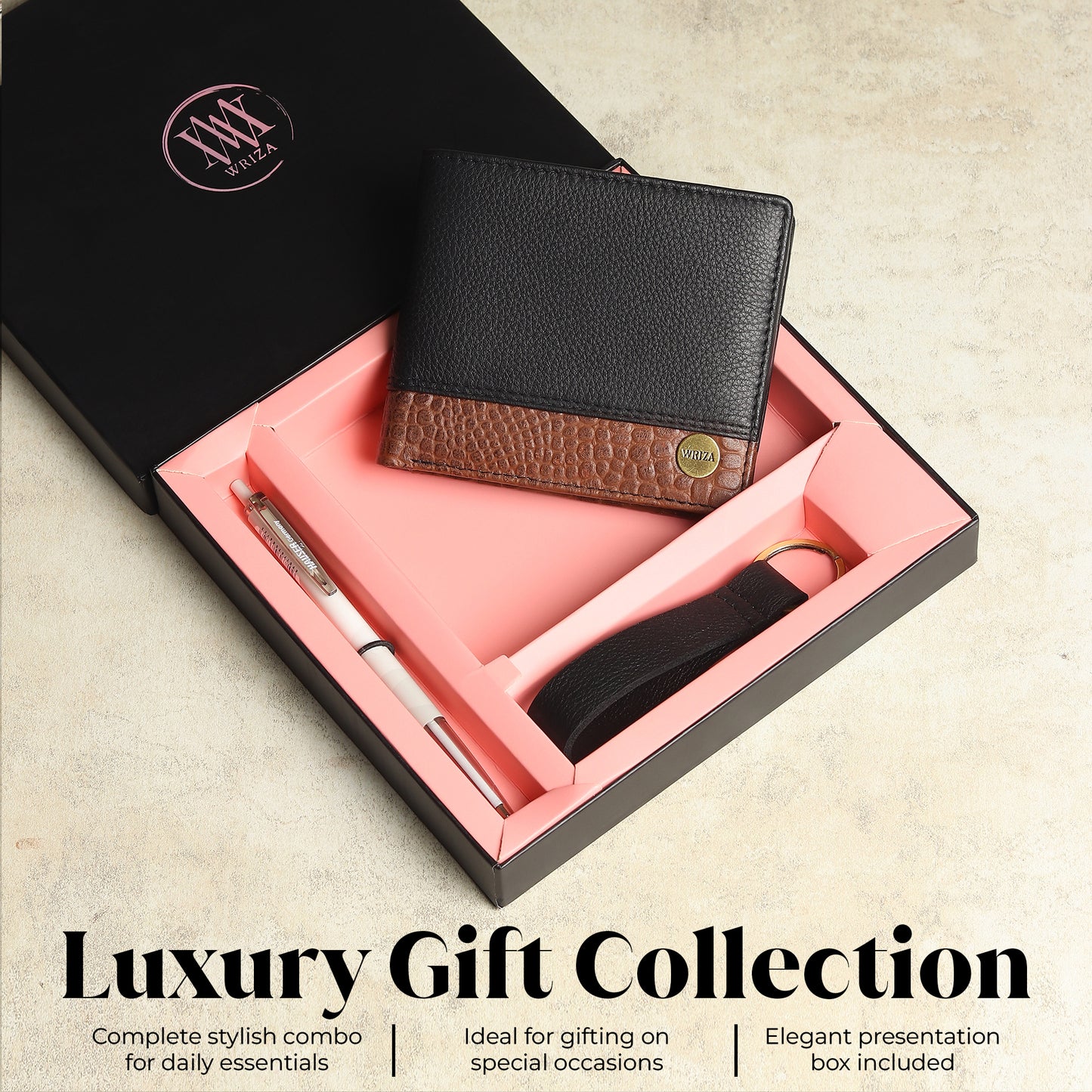 WRIZA Men's Genuine Leather Wallet, Pen & Keychain Gift Set | Premium Croc Texture Combo Box for Birthday, Anniversary & Corporate Gifting