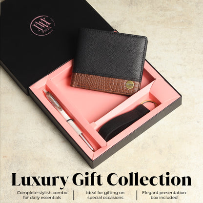 WRIZA Men's Genuine Leather Wallet, Pen & Keychain Gift Set | Premium Croc Texture Combo Box for Birthday, Anniversary & Corporate Gifting