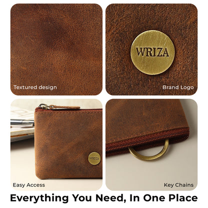 WRIZA Premium Handcrafted Genuine Leather Key Pouch with Zipper & Metallic Ring | Slim Keychain Case for Men & Women