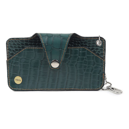 WRIZA Handcrafted Genuine Leather Croc-Embossed Spectacle Cover - Slim Eyeglass Case with Keychain Hook, Portable Sun Glass Pouch for Travel, Forest Green