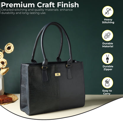 WRIZA Genuine Leather Handbag for Women | Dark Blue & Green Croco Textured Tote Bag for Office & Travel | Large Multipurpose Shoulder Bag Fits Laptop & Bottle