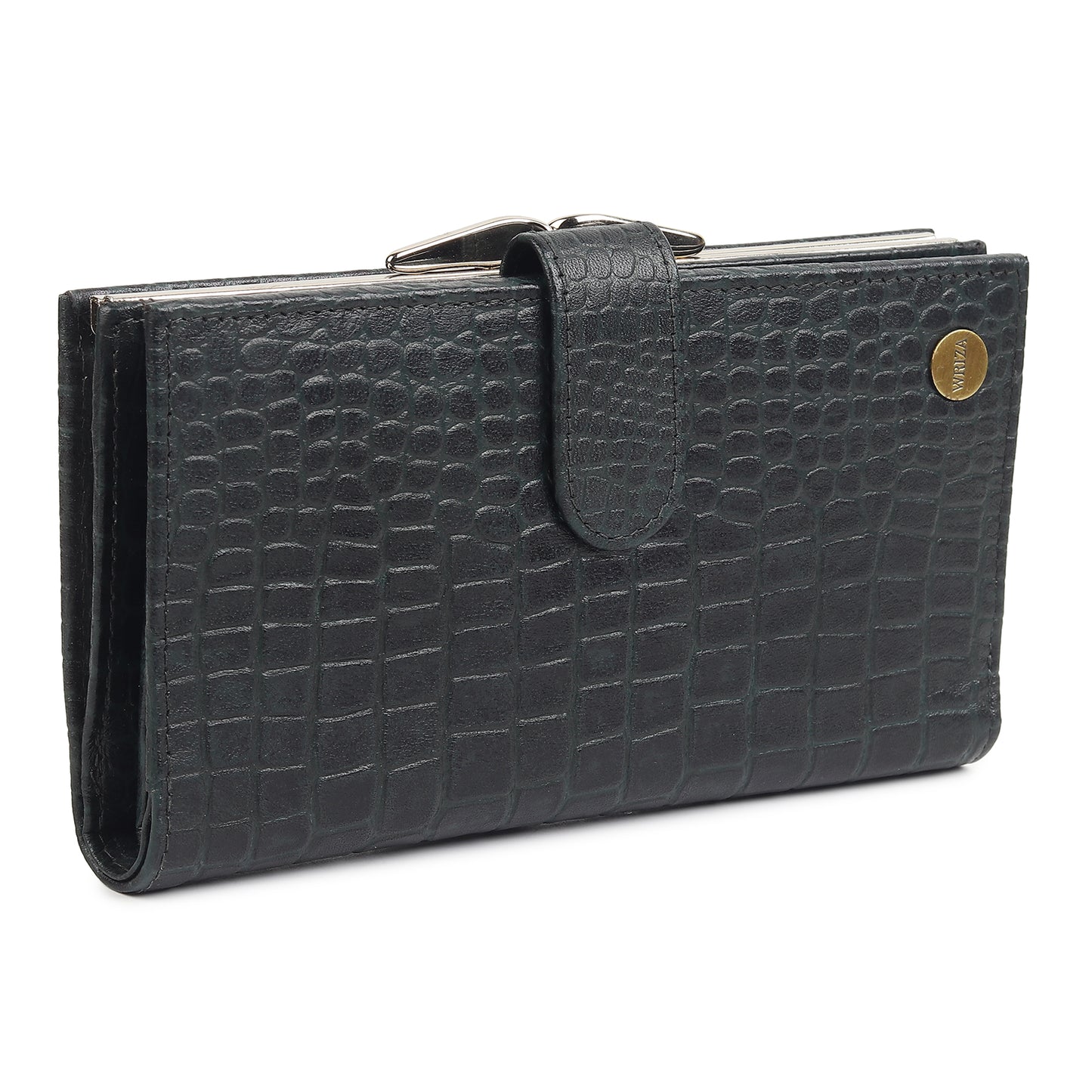 WRIZA Women's Genuine Leather Croco Textured Clutch Wallet | 10 Card Slots, 4 Compartments & Coin Pocket | Emerald Green
