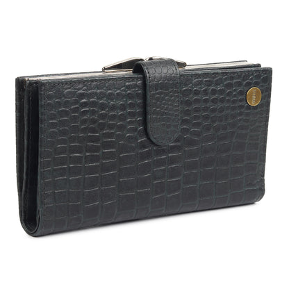 WRIZA Women's Genuine Leather Croco Textured Clutch Wallet | 10 Card Slots, 4 Compartments & Coin Pocket | Emerald Green