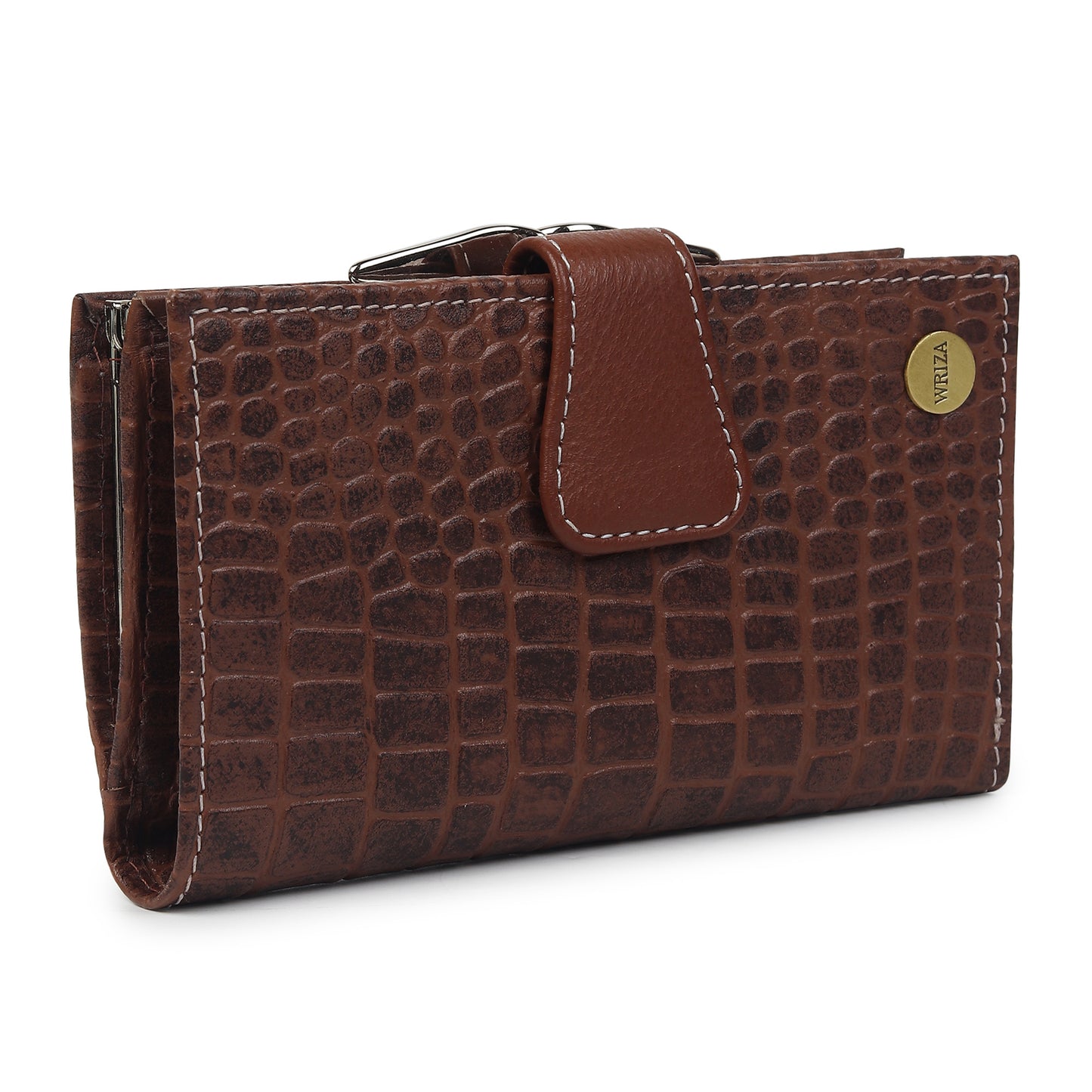 WRIZA Genuine Leather Clutch for Women | Croco Pattern Leather Wallet with 7 Card Slots & 3 Compartments | Slim Travel Purse for Women (Brown)