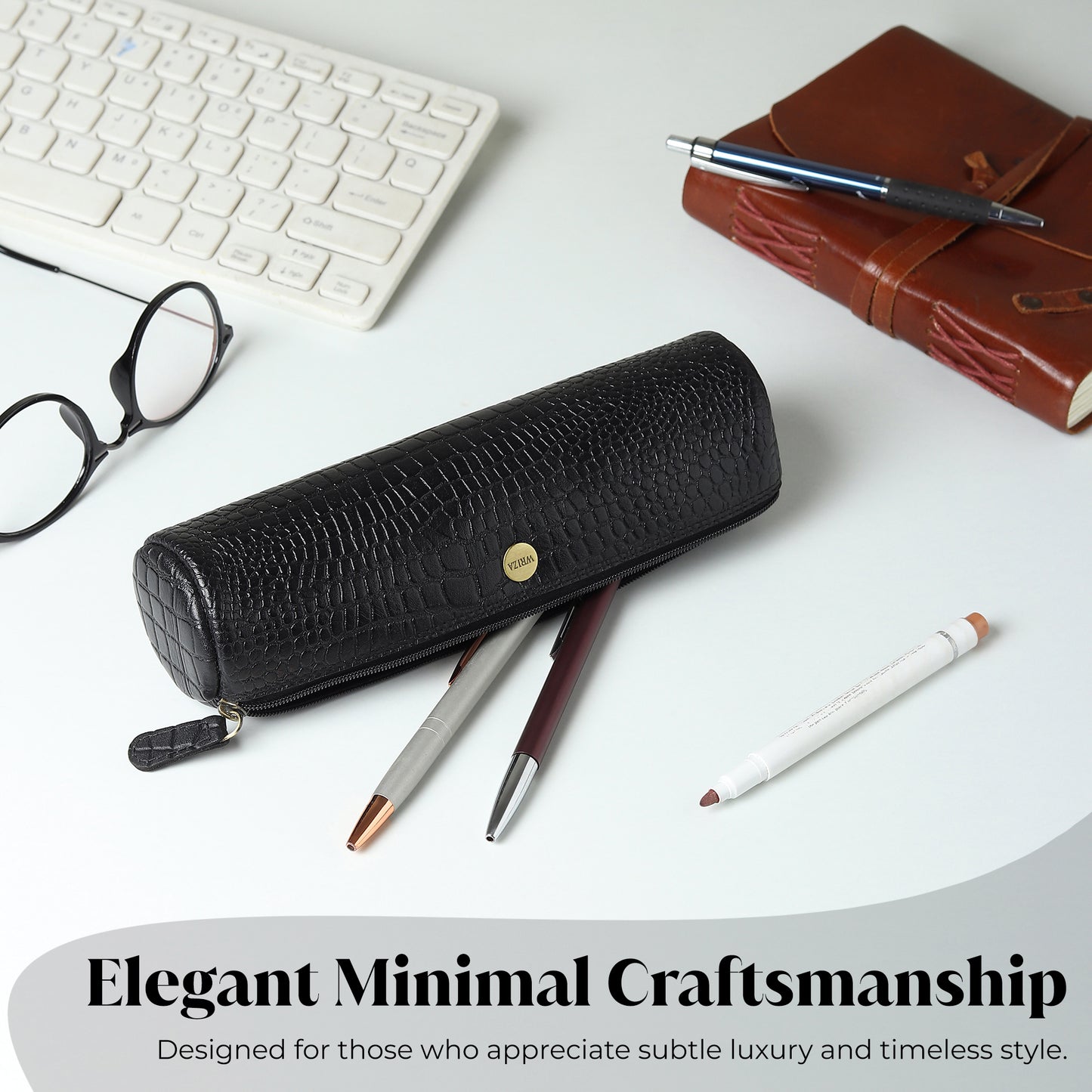 WRIZA Handcrafted Genuine Leather Pen & Pencil Case | Vintage Black Stationary Pouch & Travel Organizer for Professionals, Students, and Artists | Slim Premium Pen Holder Case