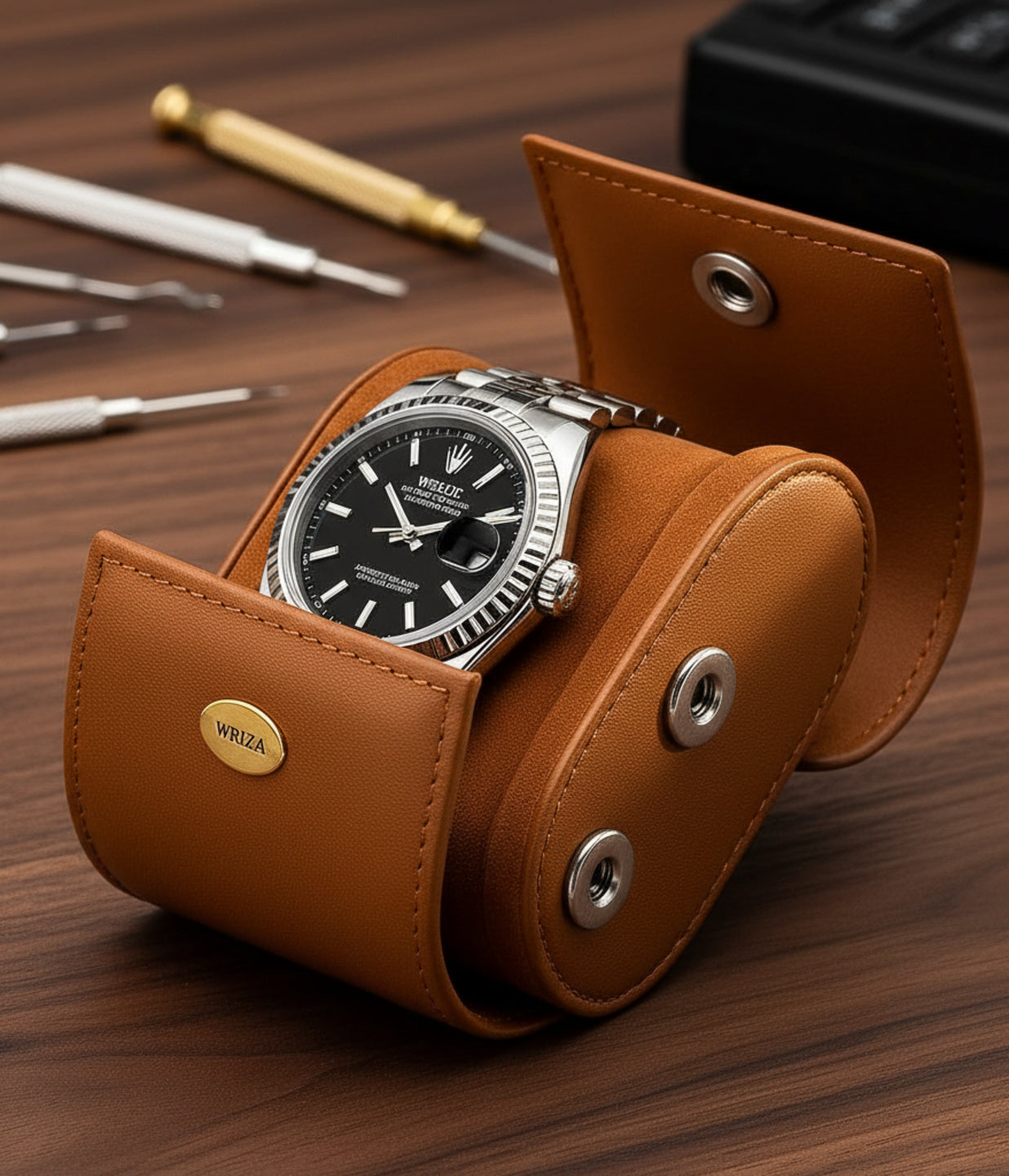 WRIZA Handcrafted Genuine Leather Single Watch Case Roll - Travel Organizer with Soft Suede Lining & Secure Snap Closure - Premium Tan Watch Box for Men & Women