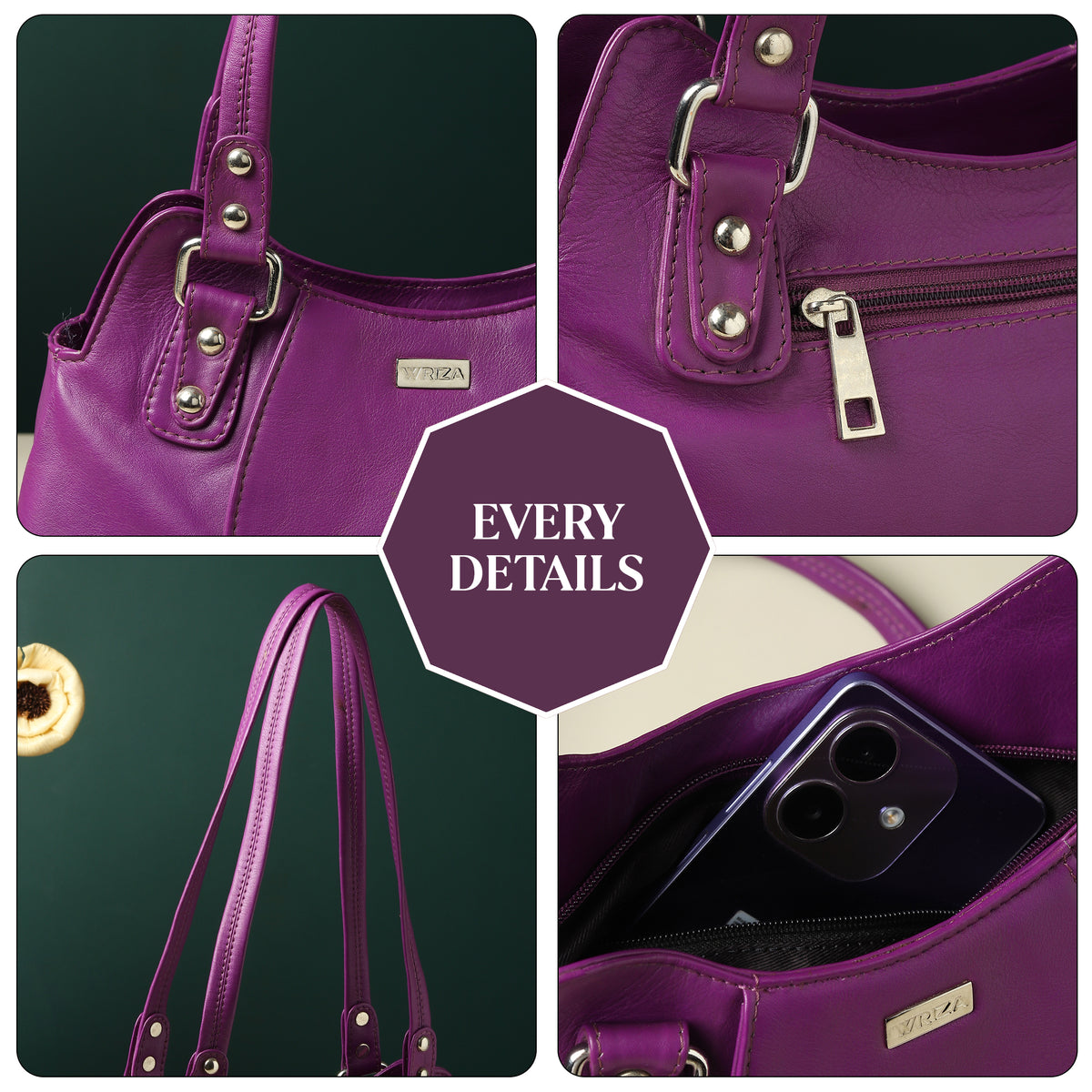 WRIZA Luxury Purple Genuine Leather Handbag for Women | Premium Textured Shoulder Bag with Multiple Zip Compartments | Stylish Ladies Purse for Office & Casual Use | Durable Top-Handle Satchel