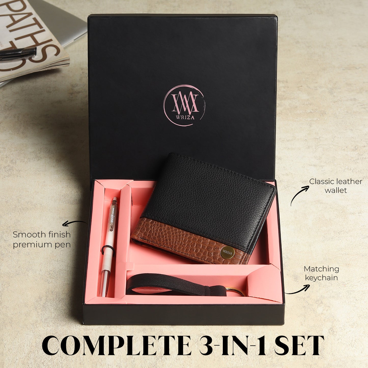 WRIZA Men's Genuine Leather Wallet, Pen & Keychain Gift Set | Premium Croc Texture Combo Box for Birthday, Anniversary & Corporate Gifting