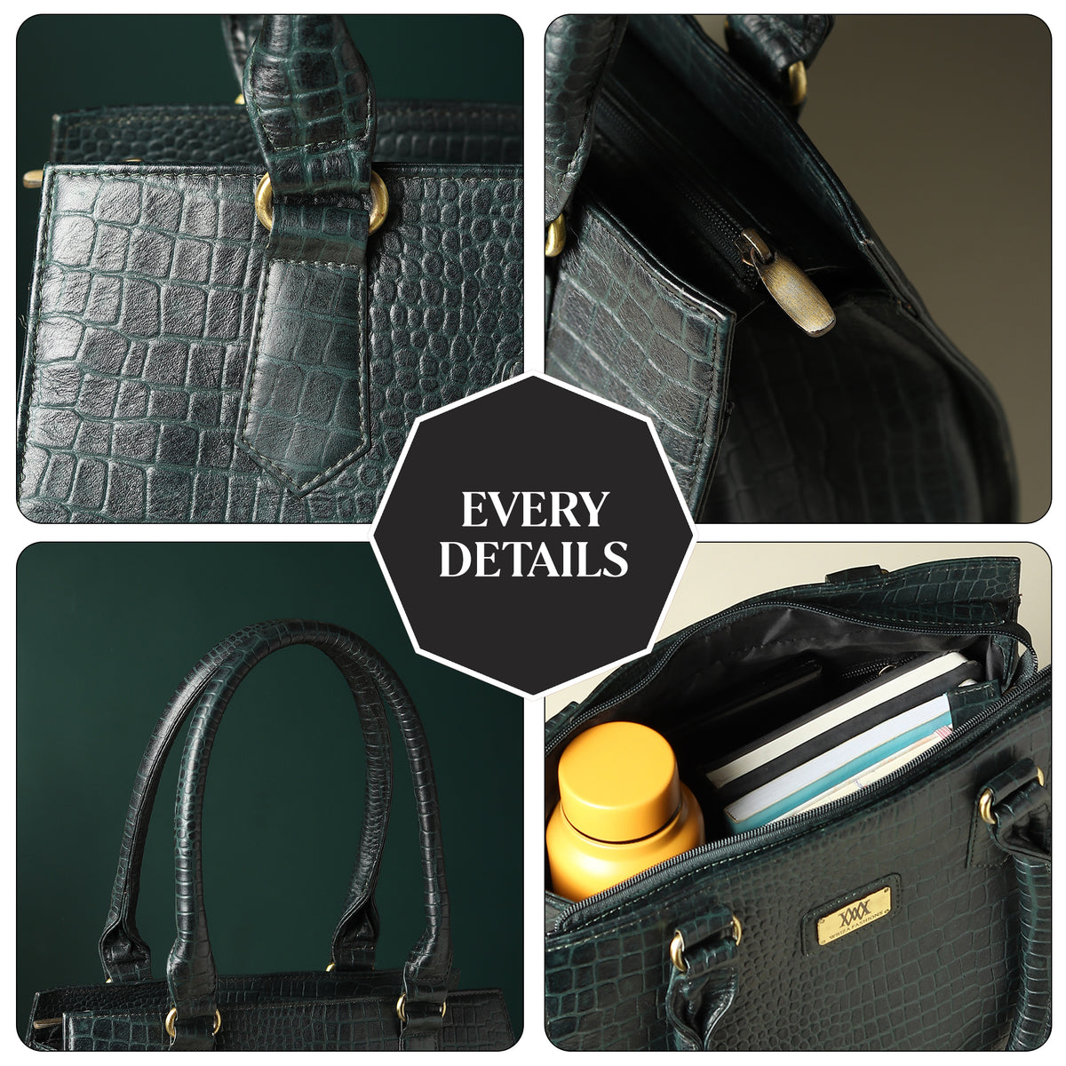 WRIZA Women's Genuine Leather Handbag | Emerald Green Crocodile Textured Tote for Office & Casual Use | Multi-Compartment Satchel Bag with Top Handle