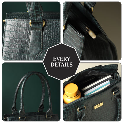 WRIZA Women's Genuine Leather Handbag | Emerald Green Crocodile Textured Tote for Office & Casual Use | Multi-Compartment Satchel Bag with Top Handle