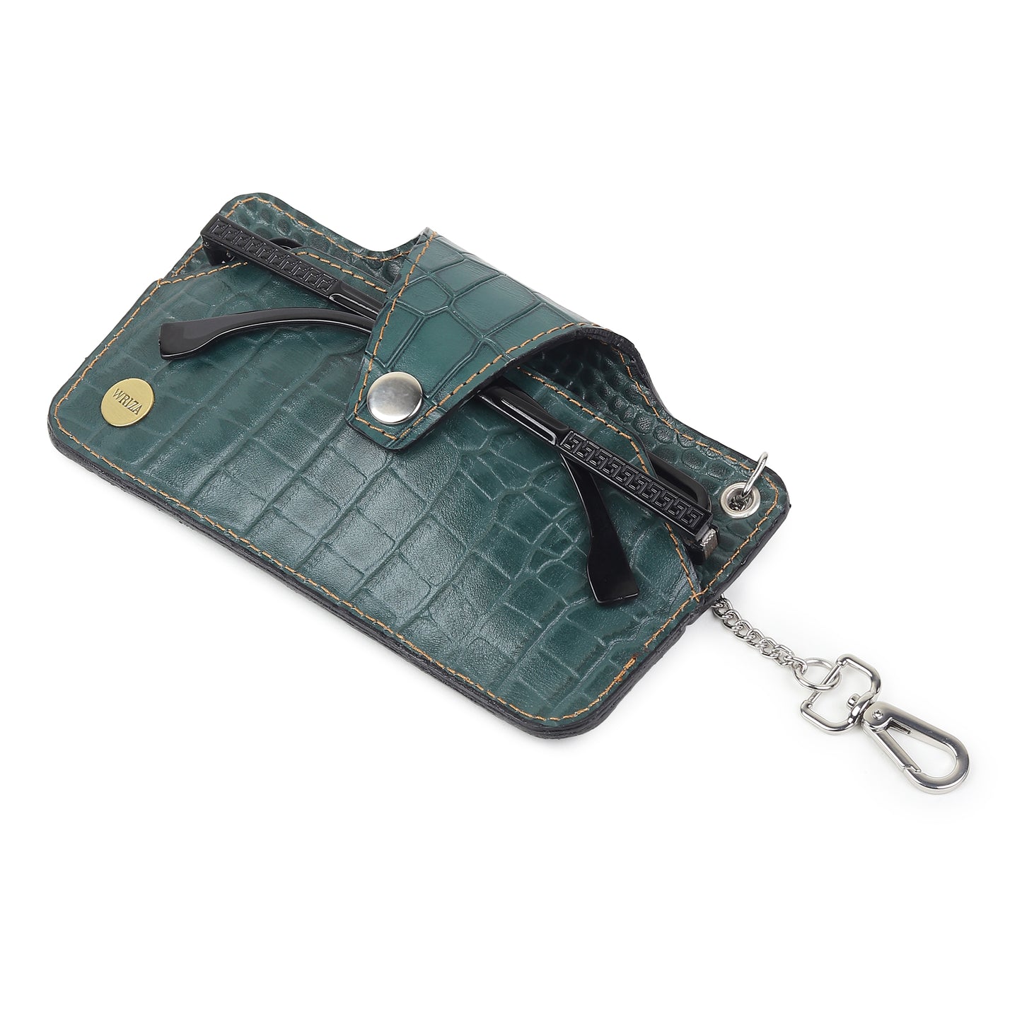 WRIZA Handcrafted Genuine Leather Croc-Embossed Spectacle Cover - Slim Eyeglass Case with Keychain Hook, Portable Sun Glass Pouch for Travel, Forest Green