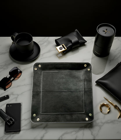 WRIZA Handcrafted Genuine Leather Valet Tray | Foldable Desk Organizer Catchall for Keys, Wallet, Phone & Office Stationery