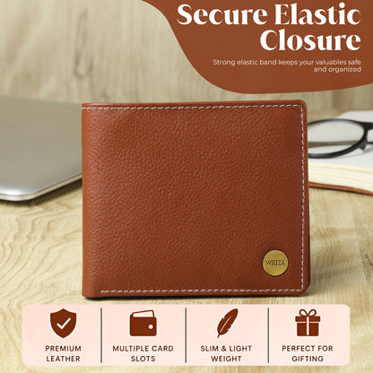 WRIZA Premium Genuine Leather Bi-fold Wallet for Men | Handcrafted Leather Slim Wallet with Coin Pocket, 2 Currency Compartments, and Multiple Credit Card Slots | Elegant Gift Box Included (Rust)