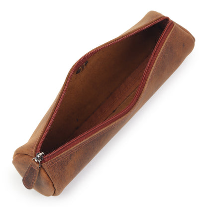 WRIZA Handcrafted Genuine Leather Pen & Pencil Case | Vintage Brown Stationary Pouch & Travel Organizer for Professionals, Students, and Artists | Slim Premium Pen Holder Case