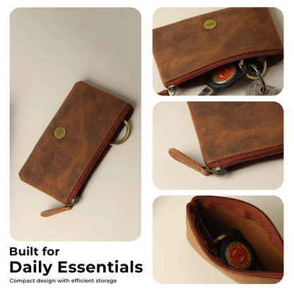 WRIZA Premium Handcrafted Genuine Leather Key Pouch with Zipper & Metallic Ring | Slim Keychain Case for Men & Women