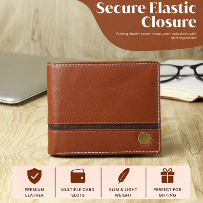 WRIZA Men’s Genuine Leather Bifold Wallet | Premium Textured Finish with Coin Pocket, 2 Currency Compartments & Multiple ID Card Slots | Stylish & Slim Casual Business Wallet for Men (Tan)