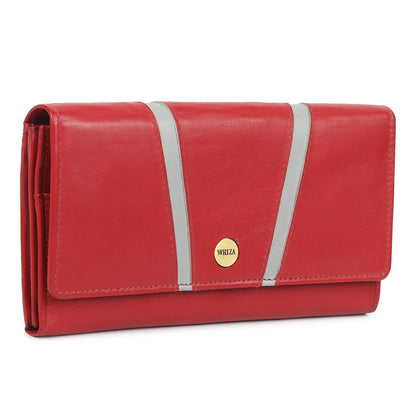 WRIZA Genuine Leather Women’s Wallet with RFID Protection | Stylish Red Clutch Purse with Multiple Card Slots, Coin Pocket & Spacious Compartment for Ladies