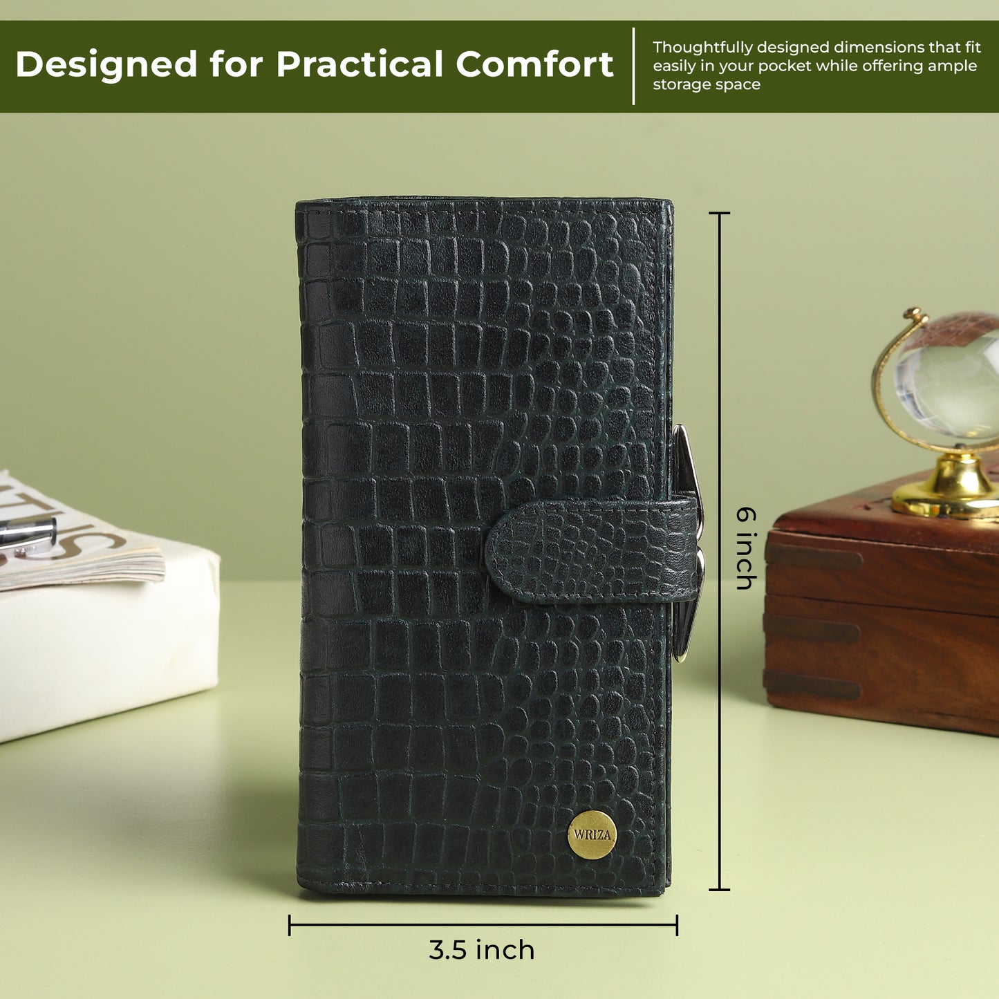 WRIZA Women's Genuine Leather Croco Textured Clutch Wallet | 10 Card Slots, 4 Compartments & Coin Pocket | Emerald Green