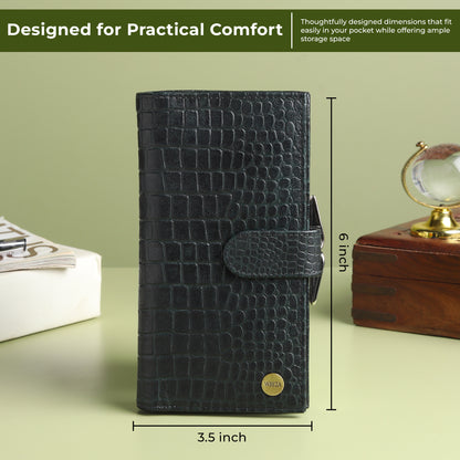 WRIZA Women's Genuine Leather Croco Textured Clutch Wallet | 10 Card Slots, 4 Compartments & Coin Pocket | Emerald Green