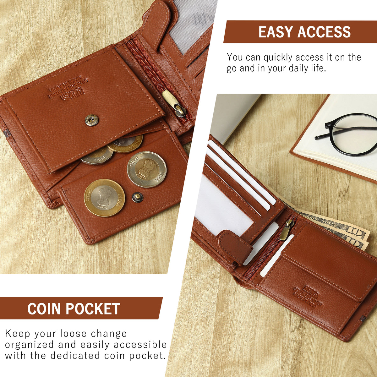 WRIZA Men’s Genuine Leather Bifold Wallet | Premium Textured Finish with Coin Pocket, 2 Currency Compartments & Multiple ID Card Slots | Stylish & Slim Casual Business Wallet for Men (Tan)