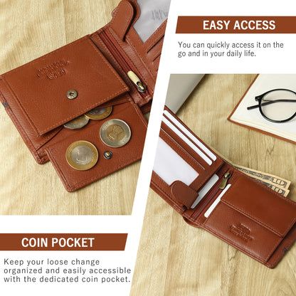 WRIZA Men’s Genuine Leather Bifold Wallet | Premium Textured Finish with Coin Pocket, 2 Currency Compartments & Multiple ID Card Slots | Stylish & Slim Casual Business Wallet for Men (Tan)