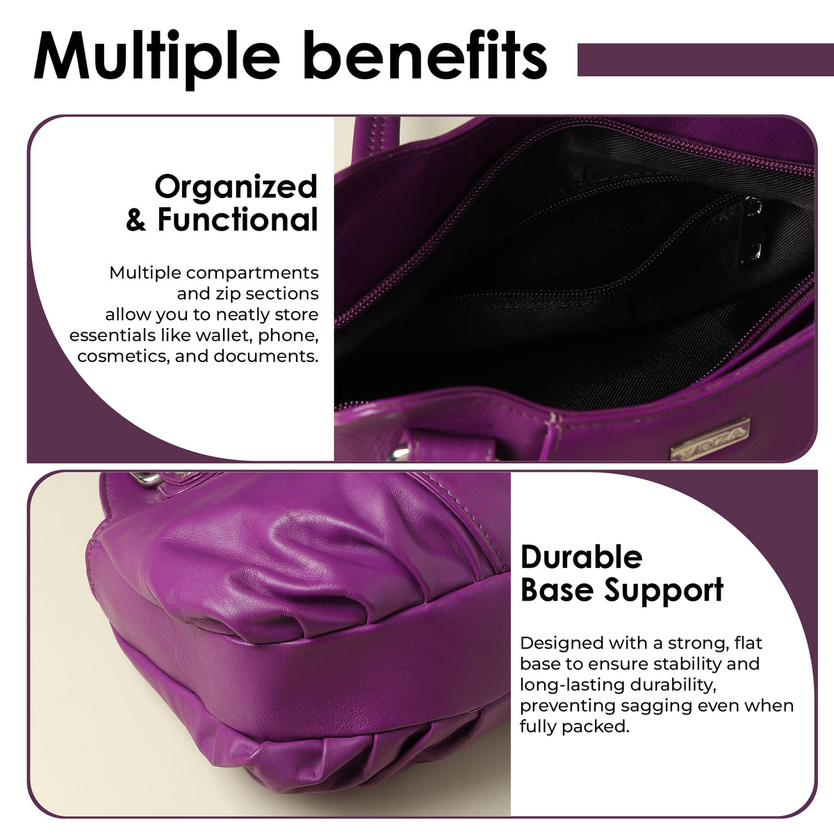 WRIZA Luxury Purple Genuine Leather Handbag for Women | Premium Textured Shoulder Bag with Multiple Zip Compartments | Stylish Ladies Purse for Office & Casual Use | Durable Top-Handle Satchel