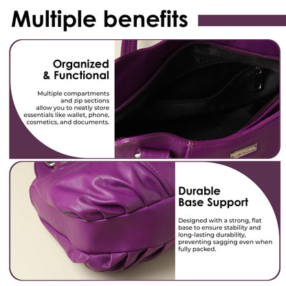 WRIZA Luxury Purple Genuine Leather Handbag for Women | Premium Textured Shoulder Bag with Multiple Zip Compartments | Stylish Ladies Purse for Office & Casual Use | Durable Top-Handle Satchel