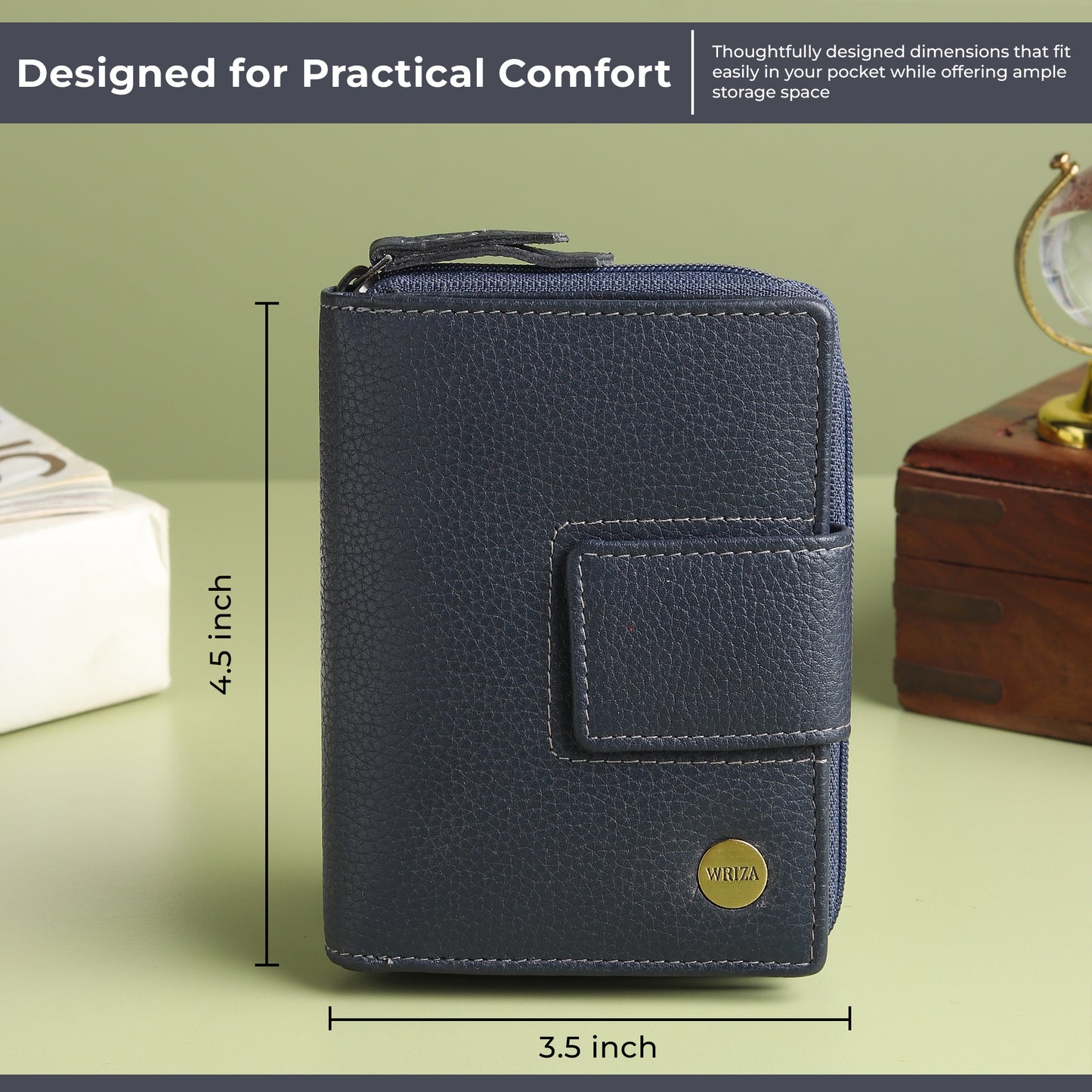 WRIZA Women's Genuine Leather Wallet | Navy Blue RFID Protected Clutch Purse with 9 Card Slots, ID Window & Zipper Coin Pocket for Gifting