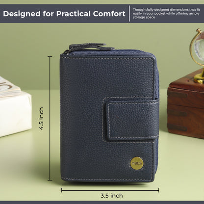 WRIZA Women's Genuine Leather Wallet | Navy Blue RFID Protected Clutch Purse with 9 Card Slots, ID Window & Zipper Coin Pocket for Gifting