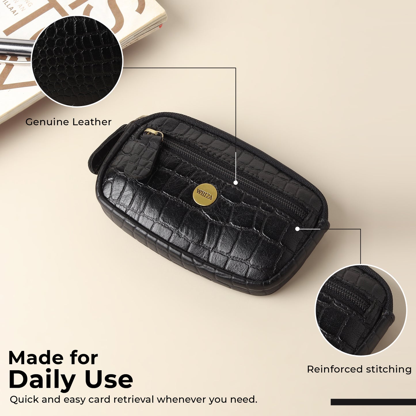 WRIZA Genuine Leather Coin Purse for Women | Mini Key Pouch with Zipper & Keychain Holder