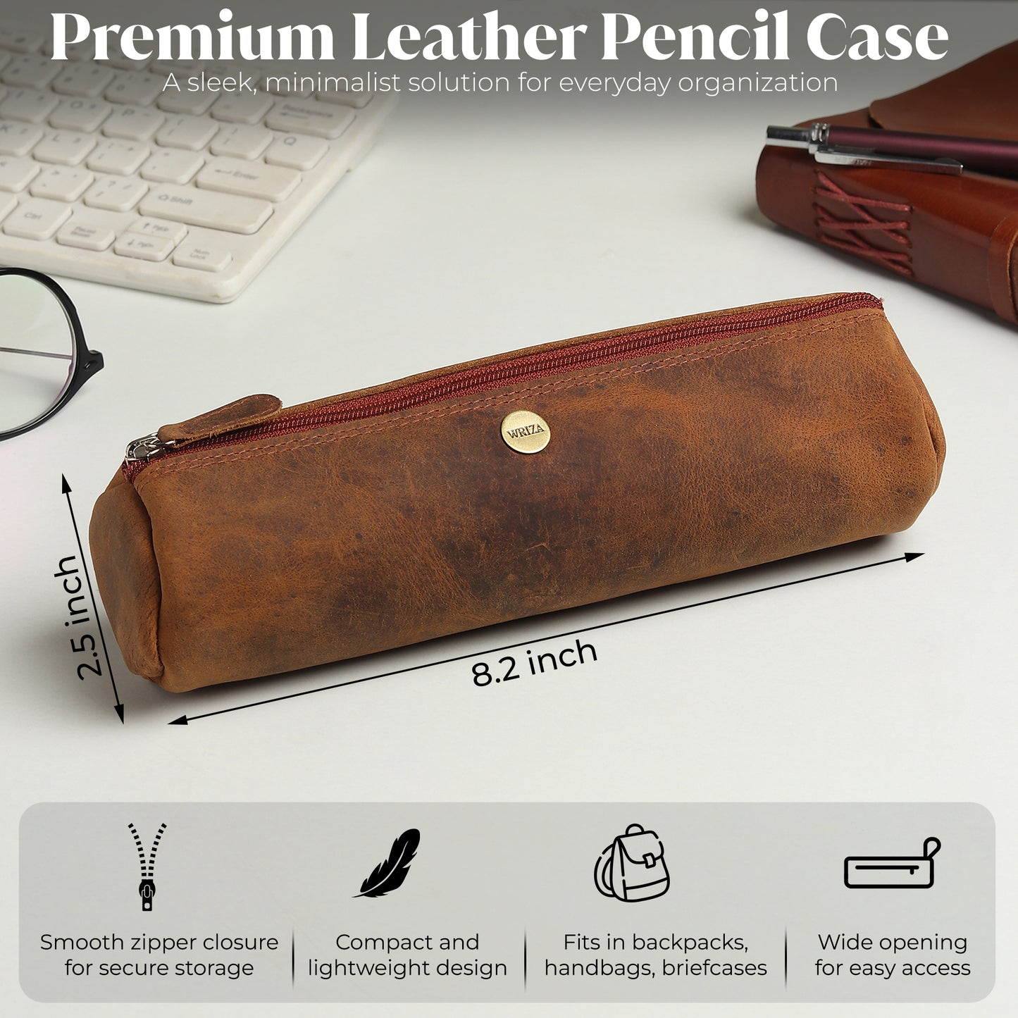 WRIZA Handcrafted Genuine Leather Pen & Pencil Case | Vintage Brown Stationary Pouch & Travel Organizer for Professionals, Students, and Artists | Slim Premium Pen Holder Case