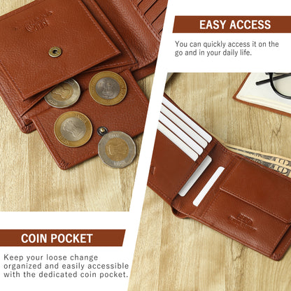 WRIZA Premium Genuine Leather Bi-fold Wallet for Men | Handcrafted Leather Slim Wallet with Coin Pocket, 2 Currency Compartments, and Multiple Credit Card Slots | Elegant Gift Box Included (Rust)