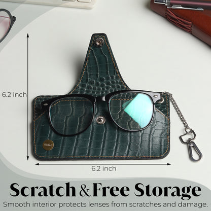 WRIZA Handcrafted Genuine Leather Croc-Embossed Spectacle Cover - Slim Eyeglass Case with Keychain Hook, Portable Sun Glass Pouch for Travel, Forest Green