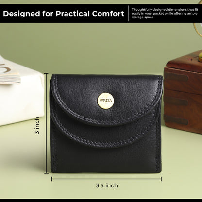 WRIZA Genuine Leather Wallet for Women | Textured Black Small Purse with Multiple Card Slots and Coin Pocket | Compact Handheld Organizer for Ladies