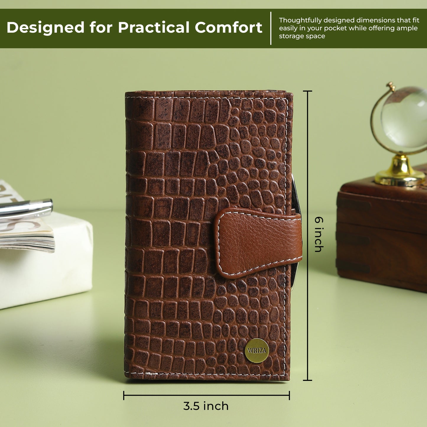WRIZA Genuine Leather Clutch for Women | Croco Pattern Leather Wallet with 7 Card Slots & 3 Compartments | Slim Travel Purse for Women (Brown)