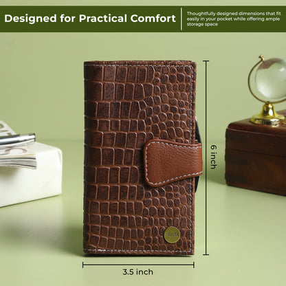 WRIZA Genuine Leather Clutch for Women | Croco Pattern Leather Wallet with 7 Card Slots & 3 Compartments | Slim Travel Purse for Women (Brown)