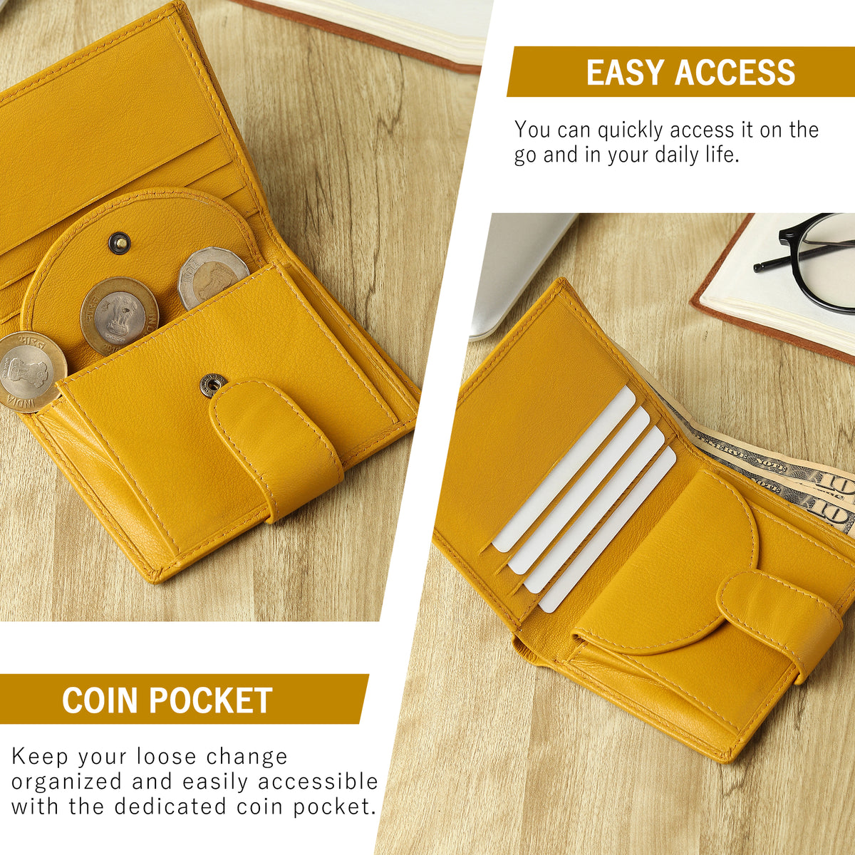 WRIZA Women Mustard Yellow Genuine Leather Two Fold Wallet | Small Purse with Coin Pocket