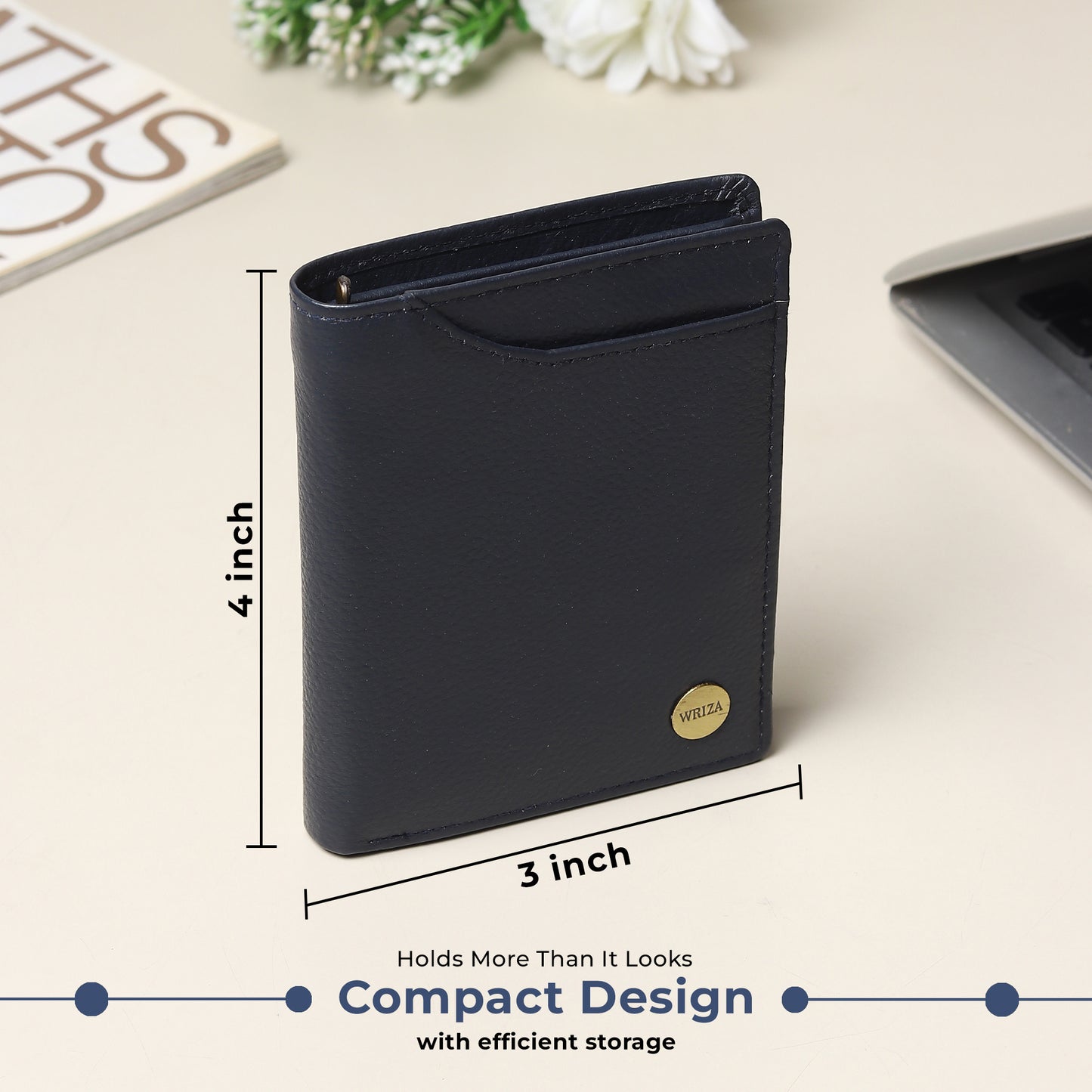 WRIZA Men's Genuine Leather Wallet|Navy Blue RFID Blocking Leather Wallet for Men with Hidden Zip & Coin Pocket | Slim Credit Card Holder Business Wallet