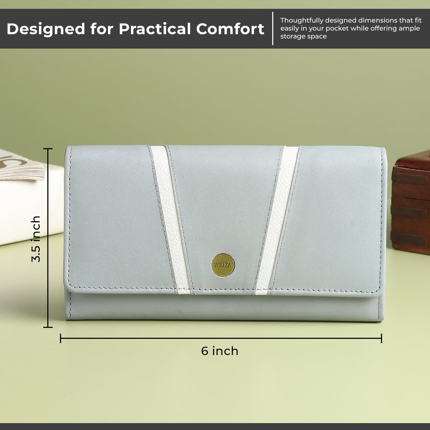 WRIZA Genuine Leather Women’s Wallet with RFID Protection | Stylish Light Grey Clutch Purse with Multiple Card Slots, Coin Pocket & Spacious Compartment for Ladies