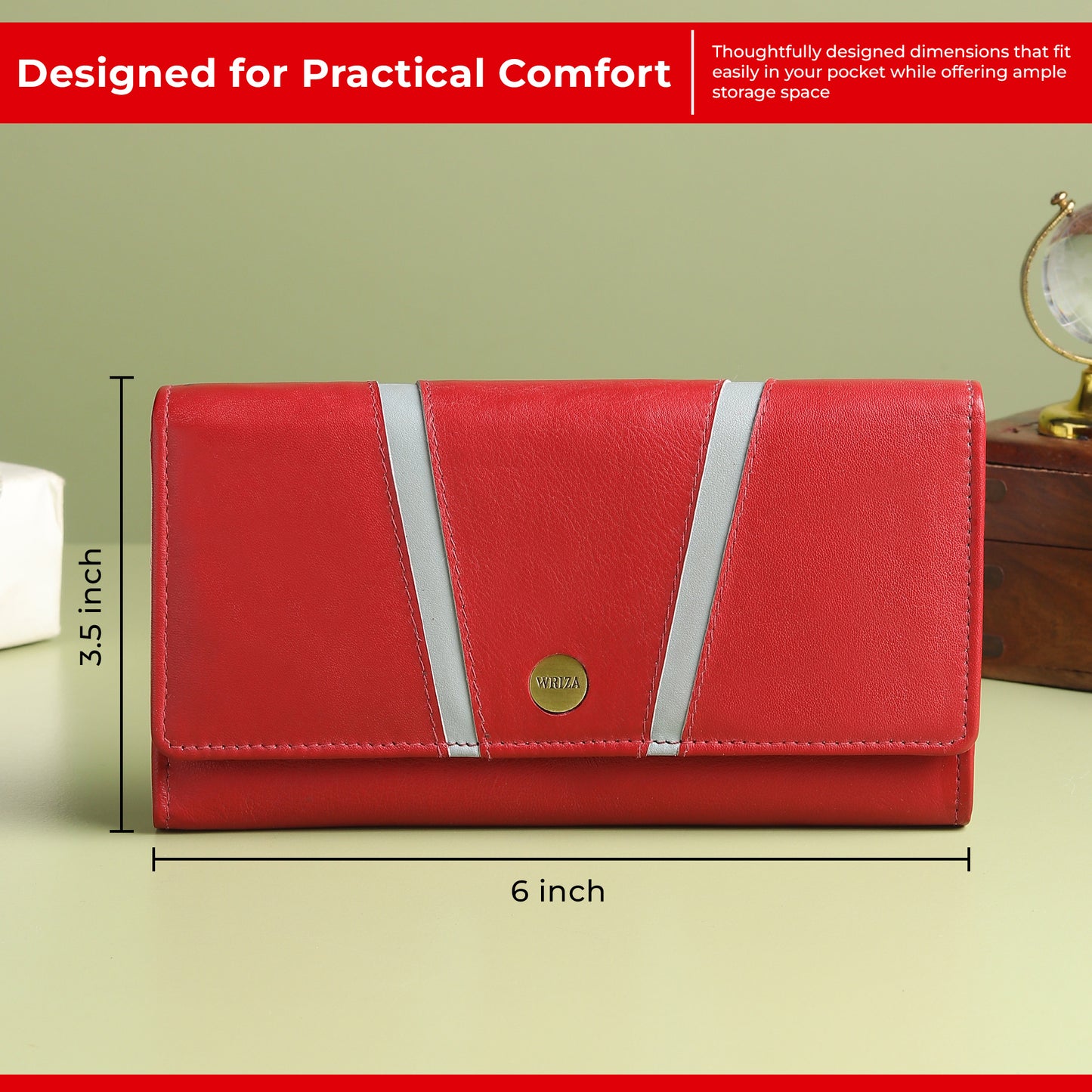 WRIZA Genuine Leather Women’s Wallet with RFID Protection | Stylish Red Clutch Purse with Multiple Card Slots, Coin Pocket & Spacious Compartment for Ladies