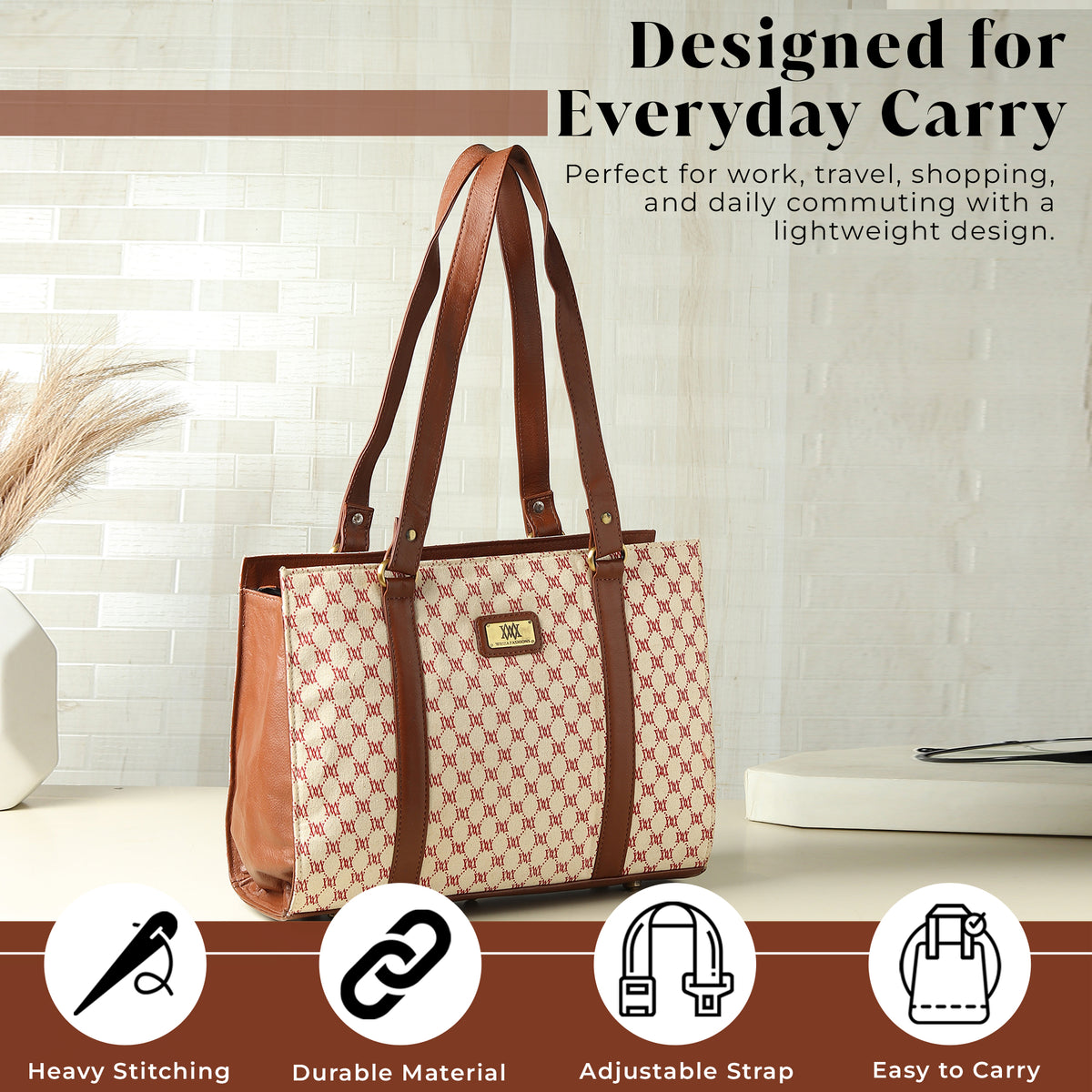 WRIZA Women's Genuine Leather Tote Bag | Large Office Handbag with Laptop Compartment | Monogram Printed Textured Shoulder Bag for Work & Travel