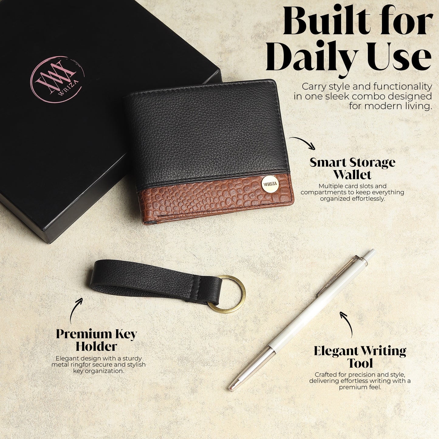 WRIZA Men's Genuine Leather Wallet, Pen & Keychain Gift Set | Premium Croc Texture Combo Box for Birthday, Anniversary & Corporate Gifting